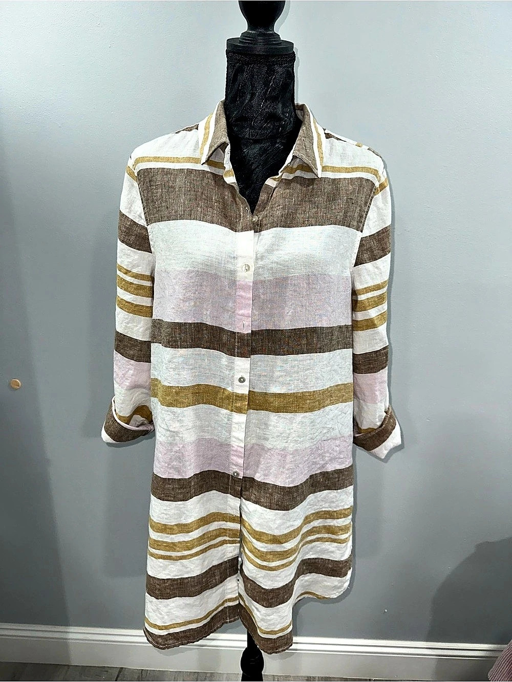 Rachel Zoe Striped Linen Midi Dress in White & Brown Large 100% linen